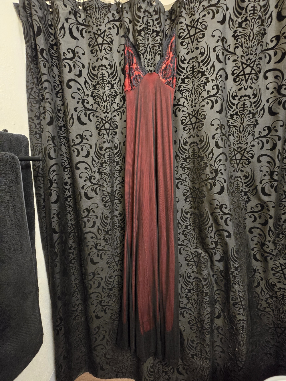 Red and Black Lace-Trim Maxi Slip Dress